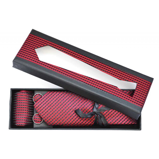 Set cravata slim, butoni, batista rosu, dungi negre, 1921